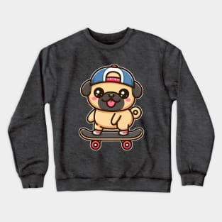 Kawaii Pug Puppy on Skateboard Cute Pug Lover Crewneck Sweatshirt